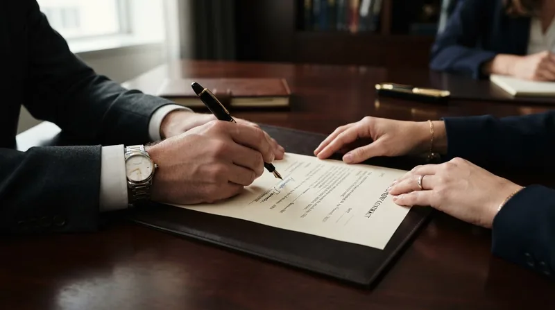 Two people signing an agreement with a fountain pen on a dark wooden desk
