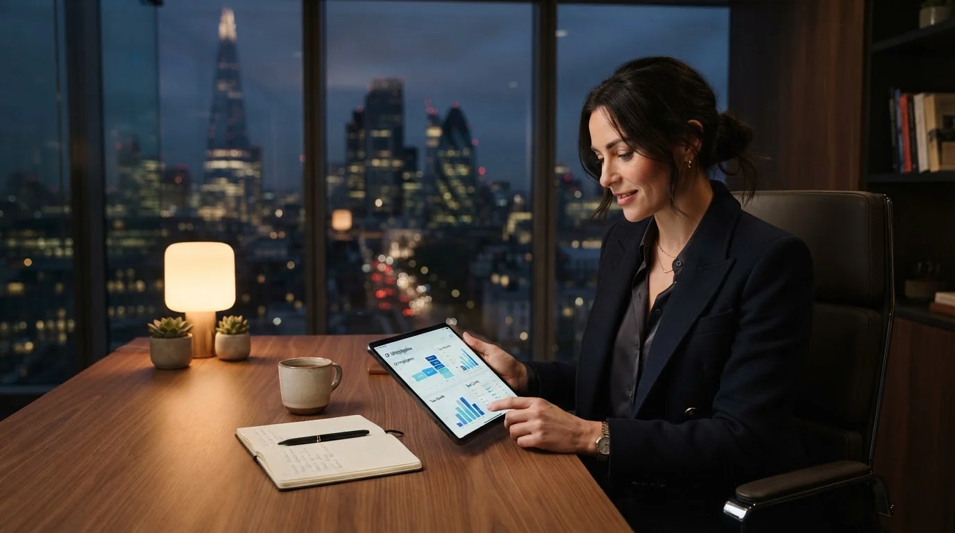 A founder reviewing hiring plans on a tablet at her desk in the evening, city lights behind her