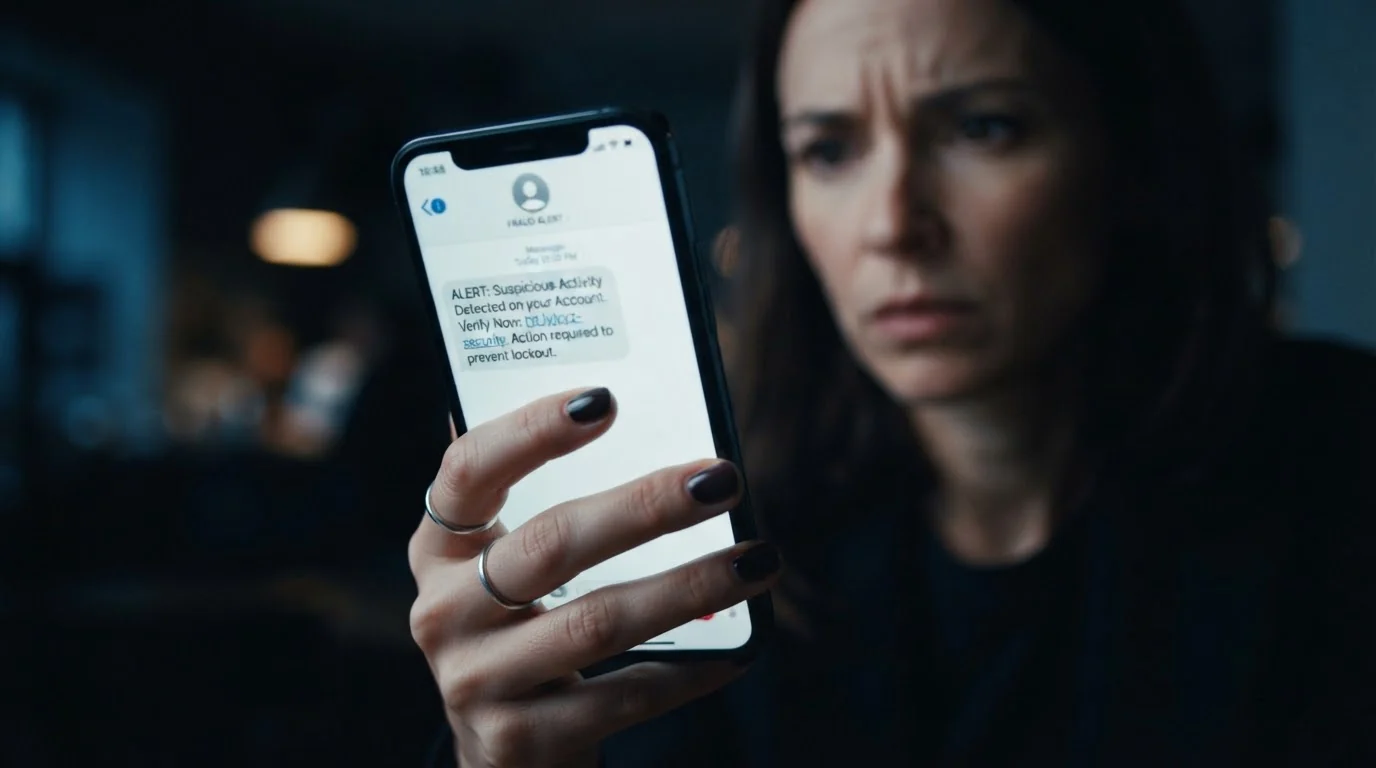 A worried person holding a phone showing a suspicious message