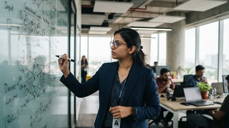 A machine learning engineer sketching a neural network diagram on a glass whiteboard