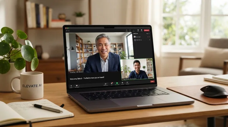 A laptop on a video call where a founder welcomes a new engineer in India to the team