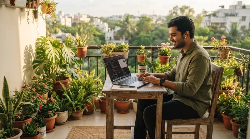 A developer working on a laptop from a sunlit balcony full of plants in Bengaluru