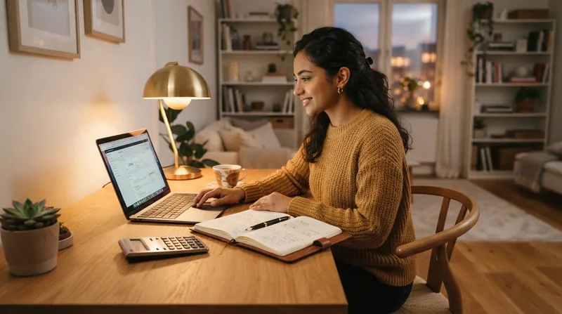 A freelancer working at her home desk with a laptop, notebook and calculator under warm lamp light