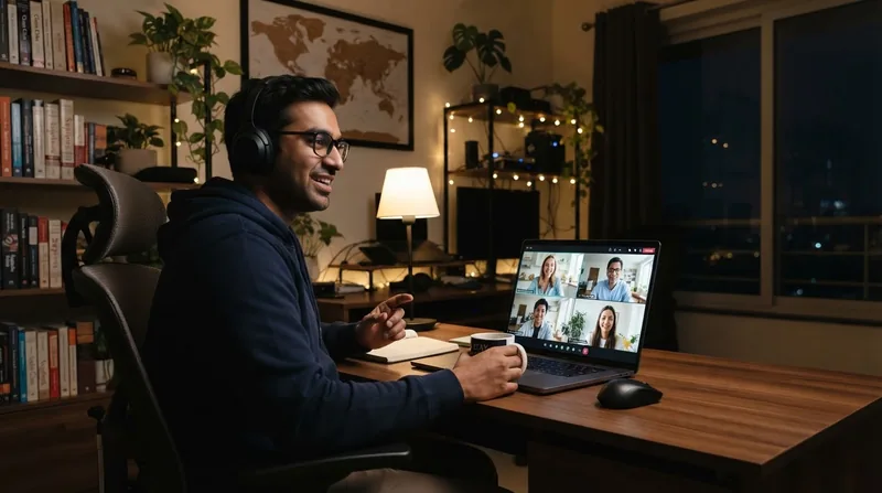 An engineer on an evening video stand-up with teammates in the US, in a cosy home office