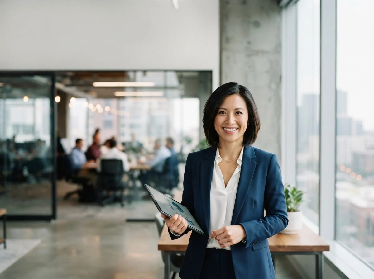 A startup founder smiling in a modern office