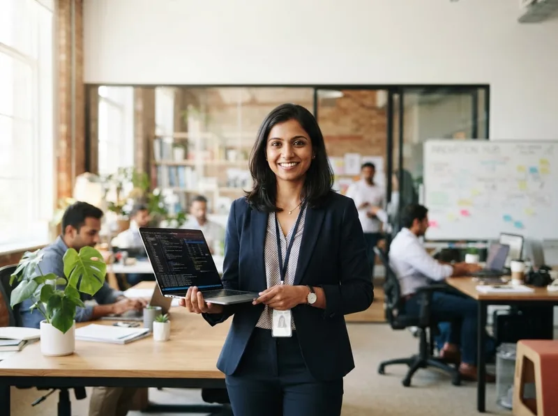 An engineer holding a laptop in a bright office