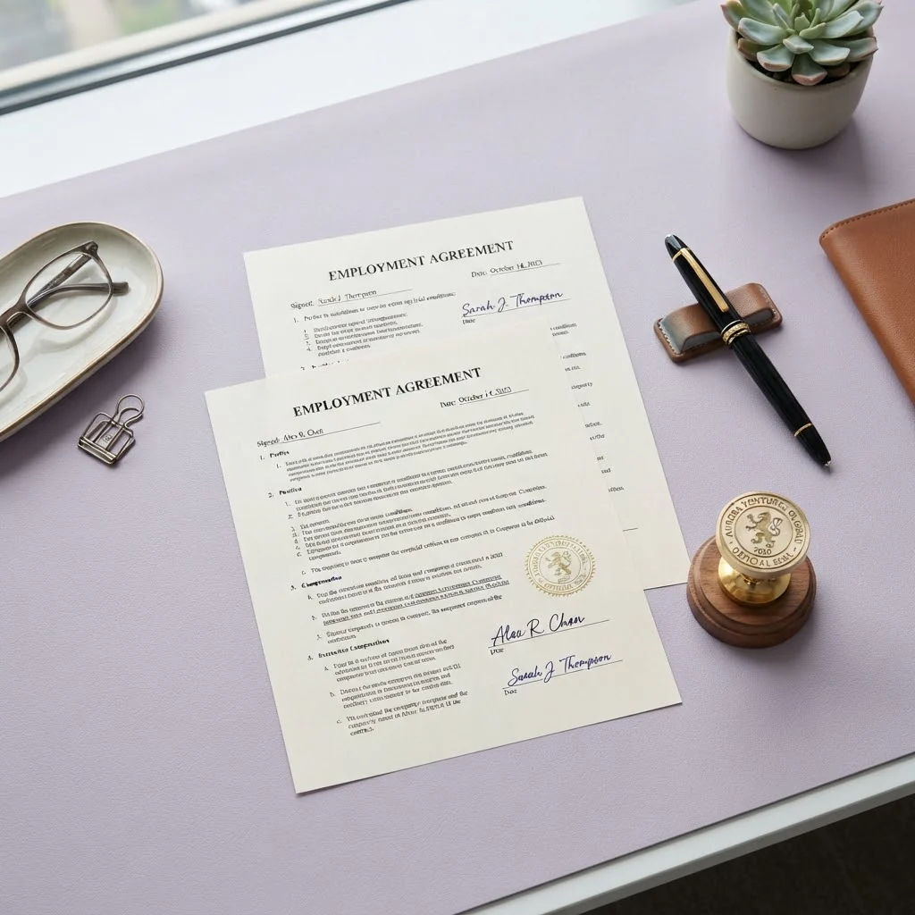 Signed employment agreements, a fountain pen and a company stamp on a desk