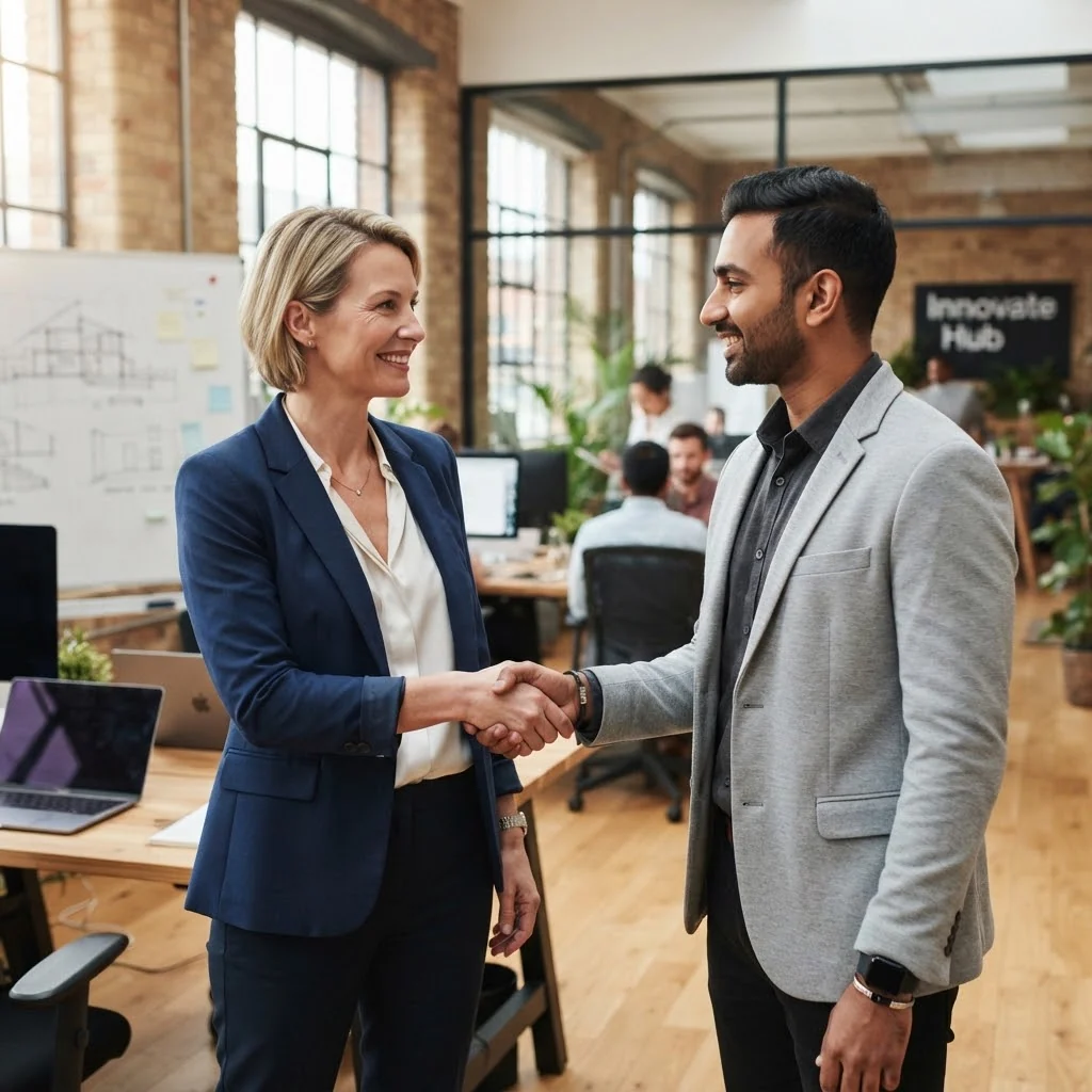 A founder shaking hands with a new engineer in a bright startup office