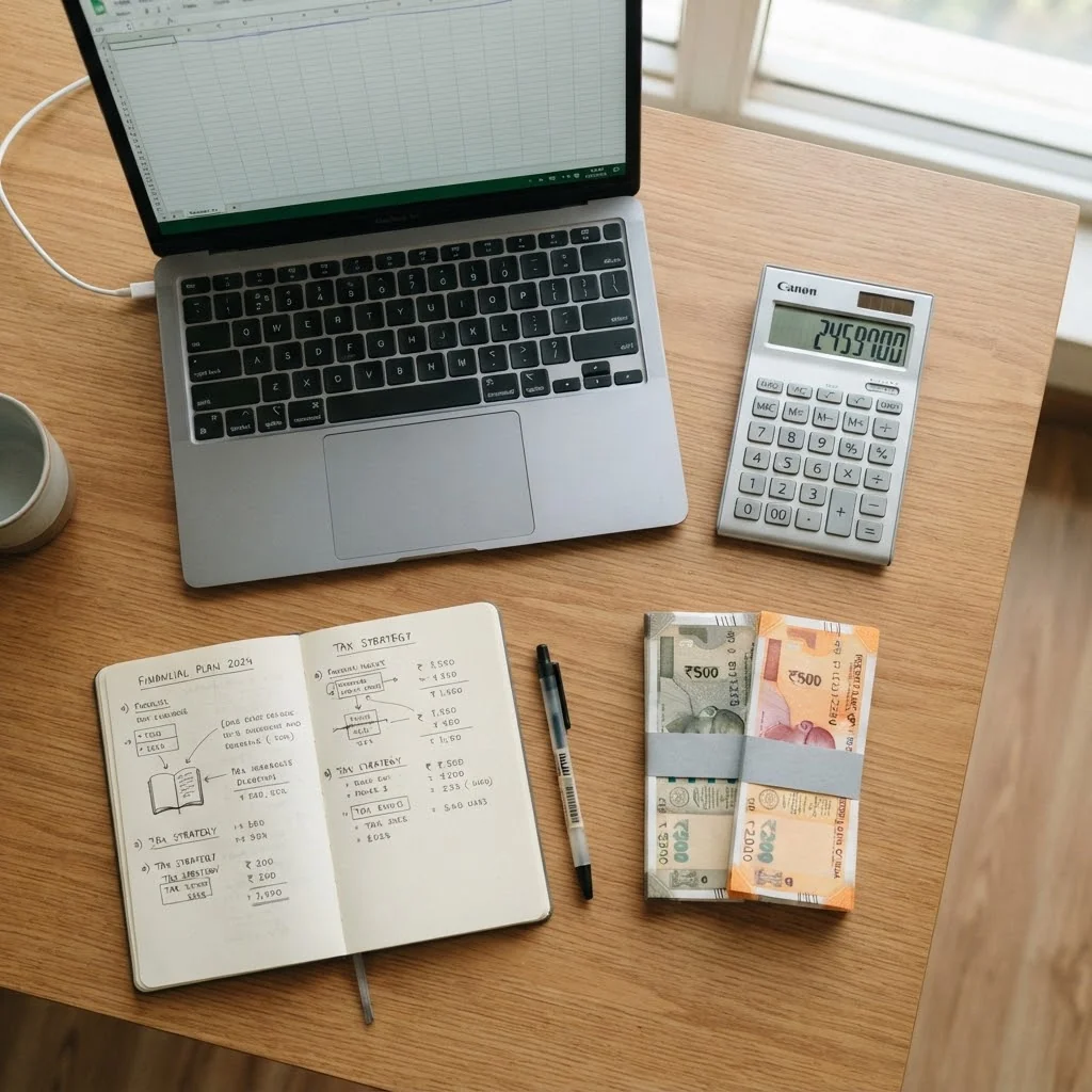 A laptop, calculator, notebook and rupee notes on a tidy desk