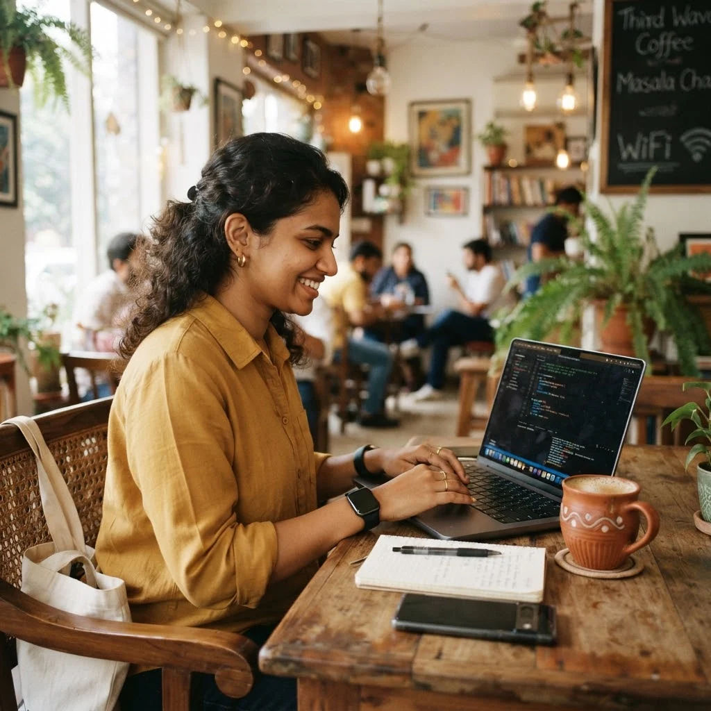 A professional working on a laptop in a lively cafe
